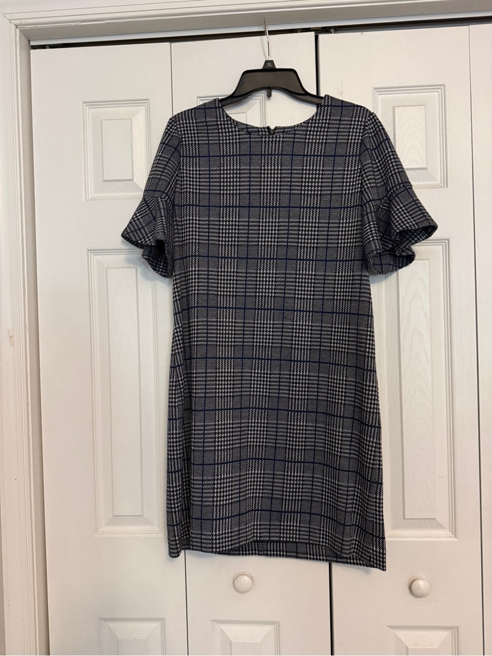 Calvin Klein Navy and Gray Plaid Midi Dress with Ruffle Sleeves